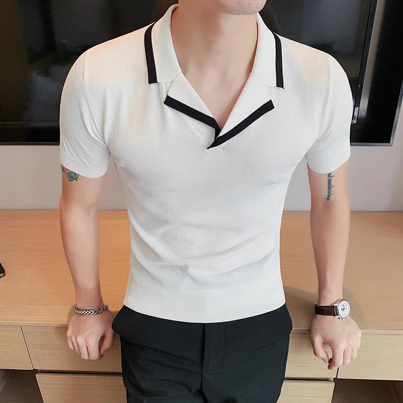 

2022 Summer Fashion Big V Neck Short Sleeve Casual Knitted Polo Shirts Mens Business Casual Slim Fit Tops Tees Plus Size 4XL-M