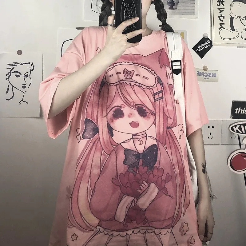 

Милая девочка, милый мультяшный японский уличный студент, Харадзюку, розовый Забавный Повседневный Топ, Ulzzang, ретро свободная Летняя женска...