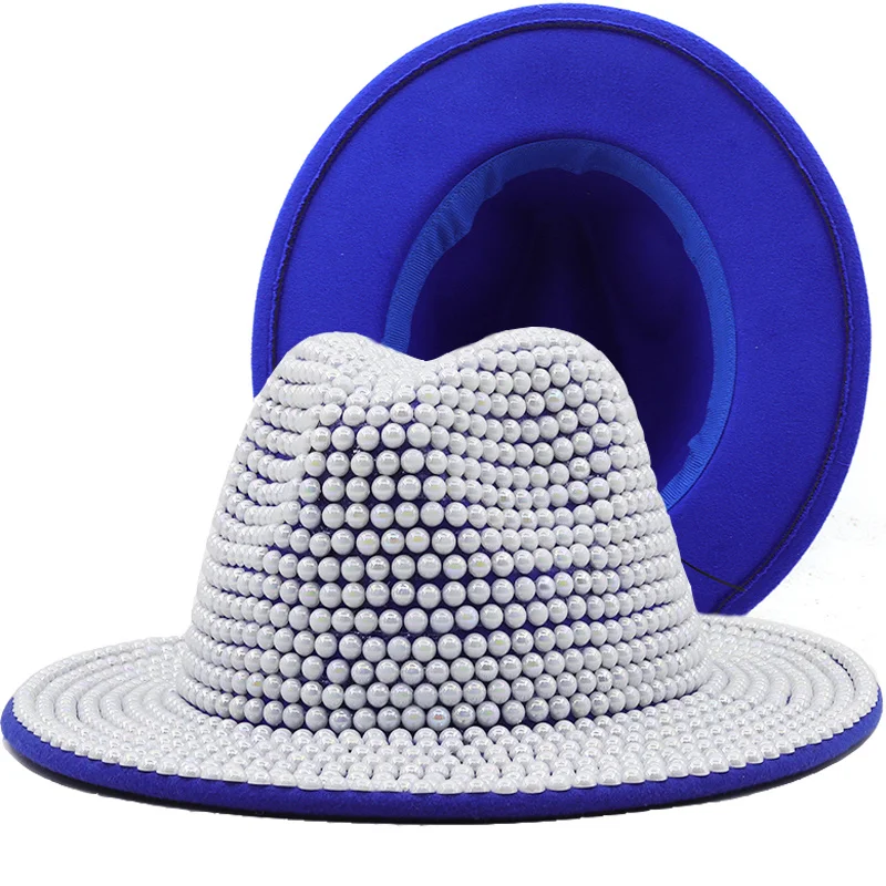 Luxury Women Men Wool Fedora Hat With Big Pearl Gentleman Elegant Lady Winter Autumn Wide Brim Church Panama Sombrero Jazz Cap