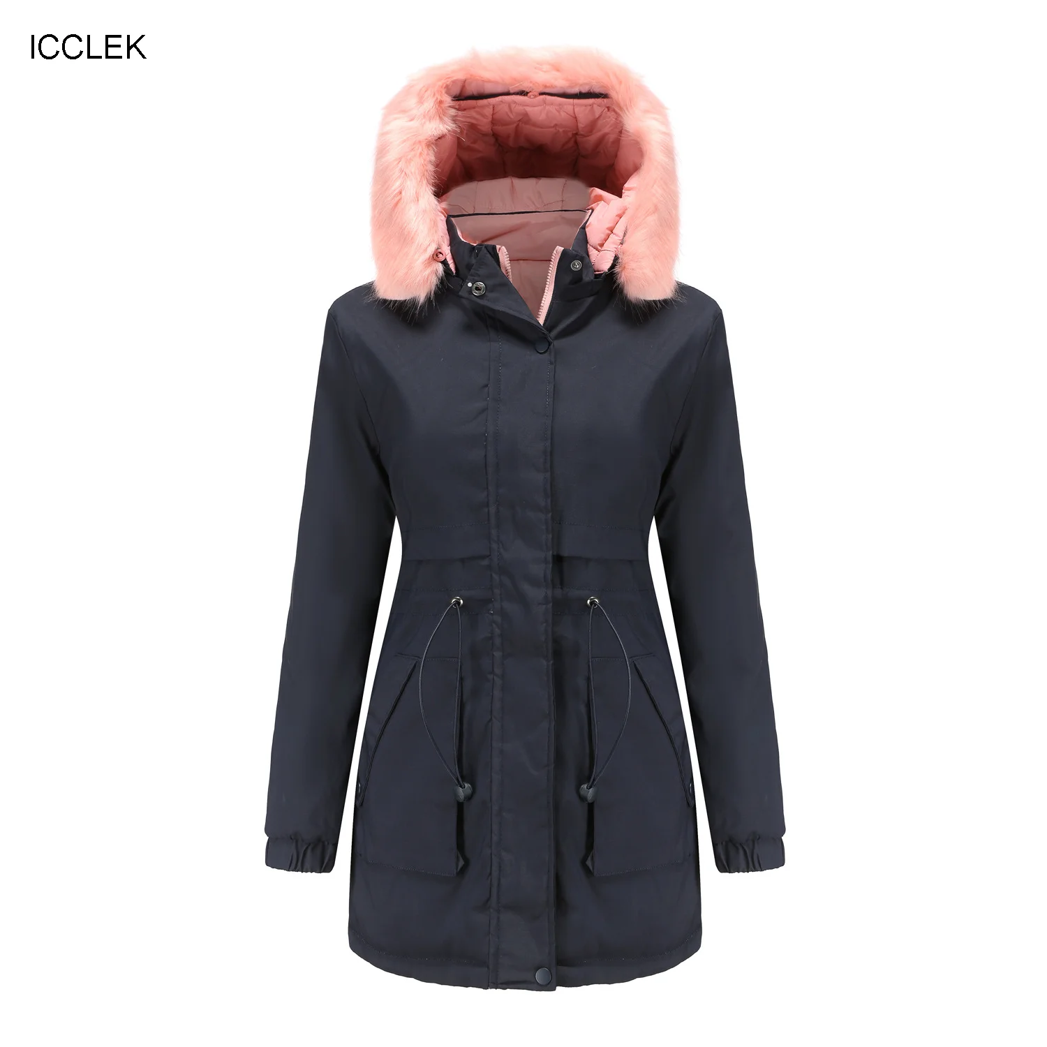 ICCLEK New women's cotton padded clothes with wool collar on both sides, detachable hat and cotton pie to overcome women's