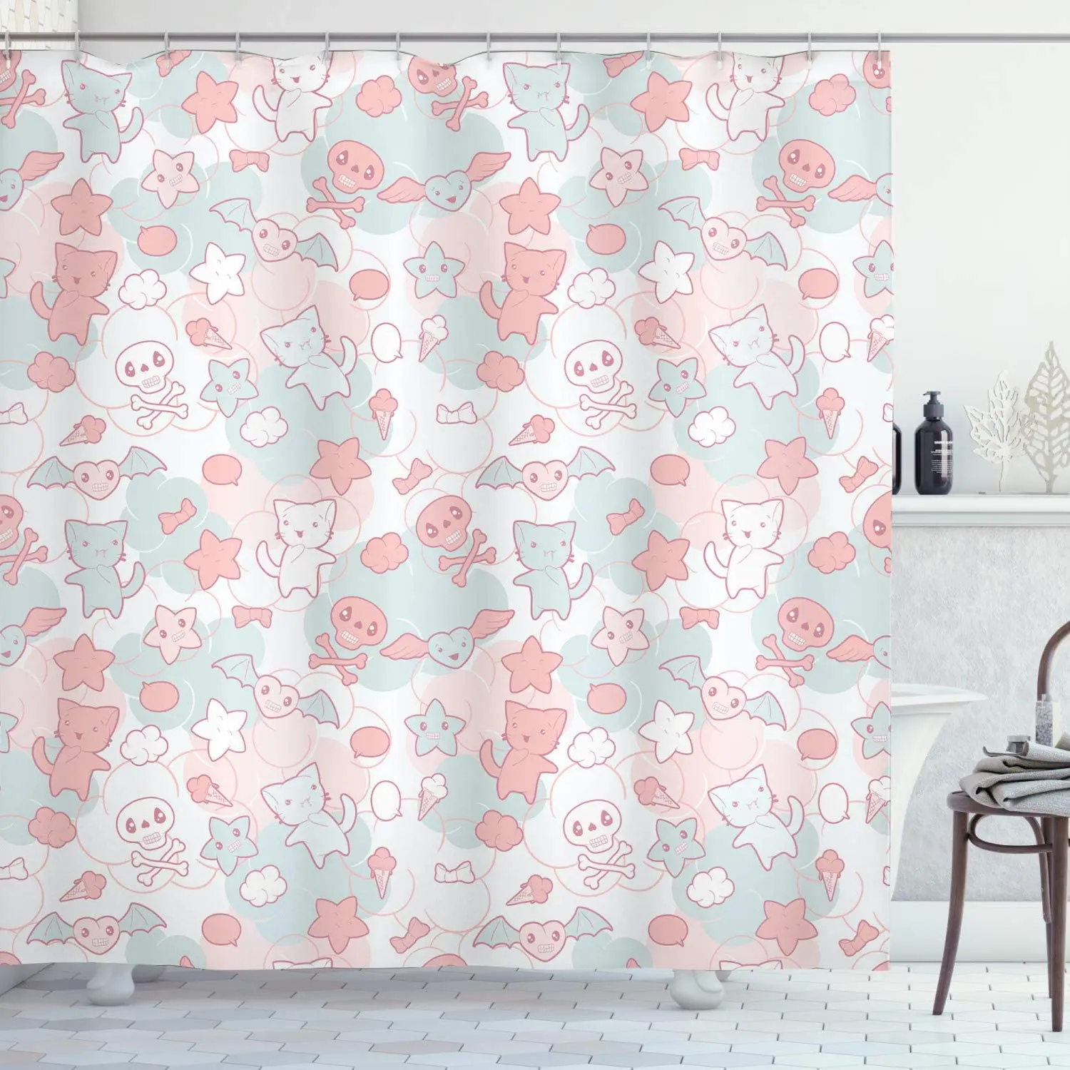 Nursery Shower Curtain, Cartoon Styled Cats Bats and Skulls Japanese Inspired Kawaii Design, Cloth Fabric Bathroom Dec