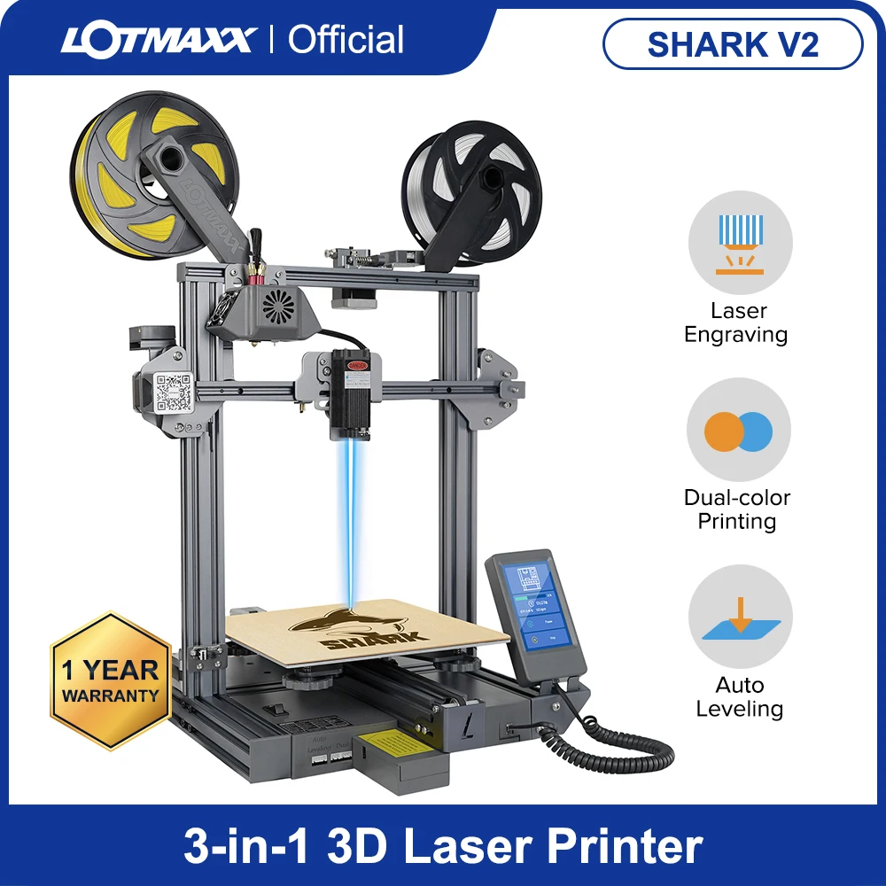 

LOTMAXX SHARK V2 Upgraded 3-in-1 FDM 3D Printer with Auto Leveling, Laser Engraver & Dual-Color Printing Size 235X235X265mm