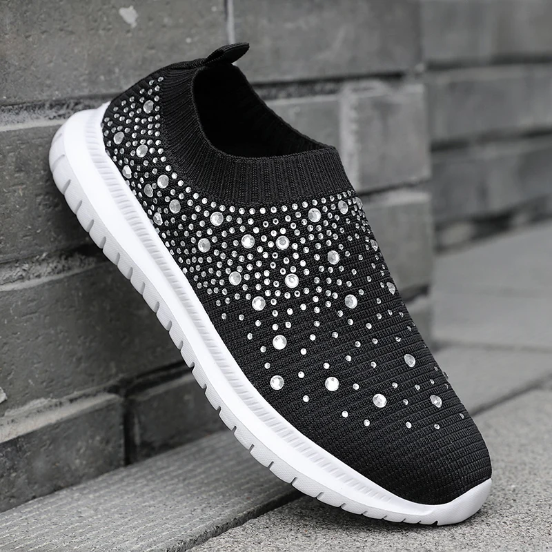 2022 Vulcanized Shoes Sneakers Women Trainers Knitted Sneakers Ladies Slip-on Sock Shoes Sparkly Crystal Zapatillas Mujer Casual