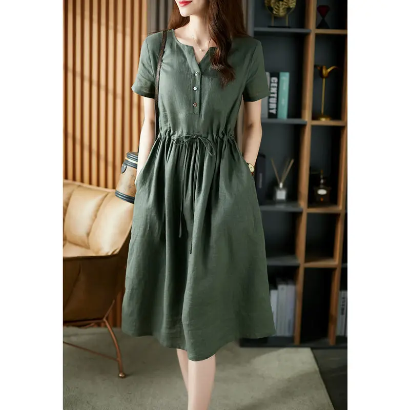 

Summer Short Sleeve V Neck Calf-length Midi Dress Loose High Waist Cotton and Linen Pullover Solid Color Ladies Dresses E2