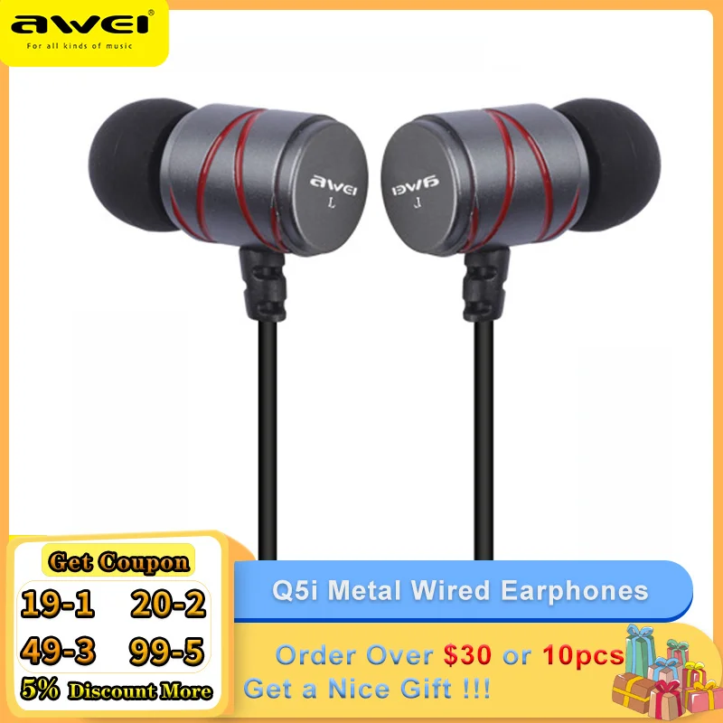 

Awei Q5i Metal Wired Laptop Earphone Computer Earbuds Stereo Headset Clean Sound With Mic Super Bass In-Ear For Online Learning