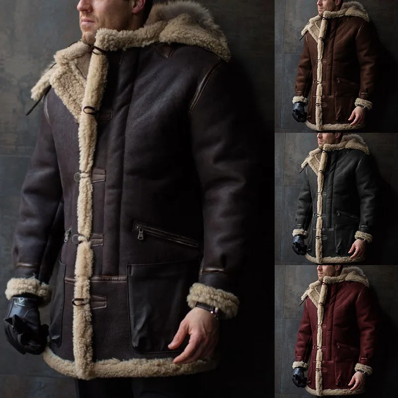 2022 Winter Fur Integrated Hooded Fur Collar Thick Coat Imitation Fur Fleece Men's Overcoat Jacket Men   Coat Men Winter