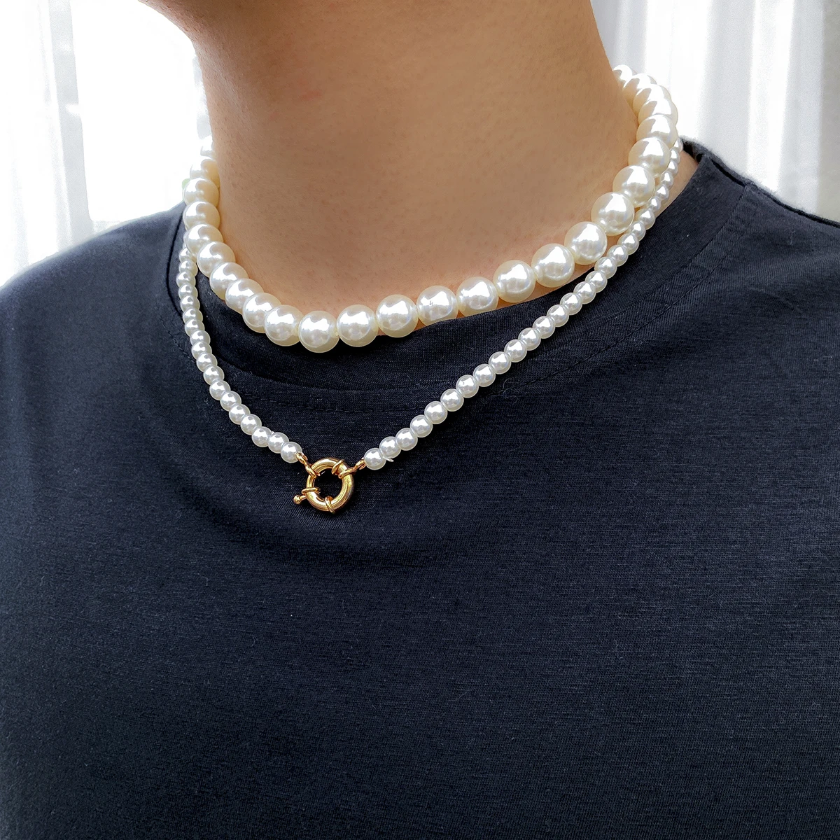 

IngeSight.Z 2pcs Goth Pearl Choker Necklace Gold Color Lasso Pendants for Women Men Beads Collar Necklaces Set Party Jewelry