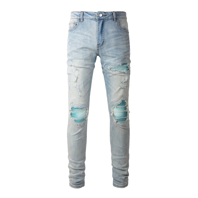 

Men Cracked Pleated Patch Biker Jeans Streetwear Skinny Tapered Stretch Denim Pants Light Blue Ripped Trousers