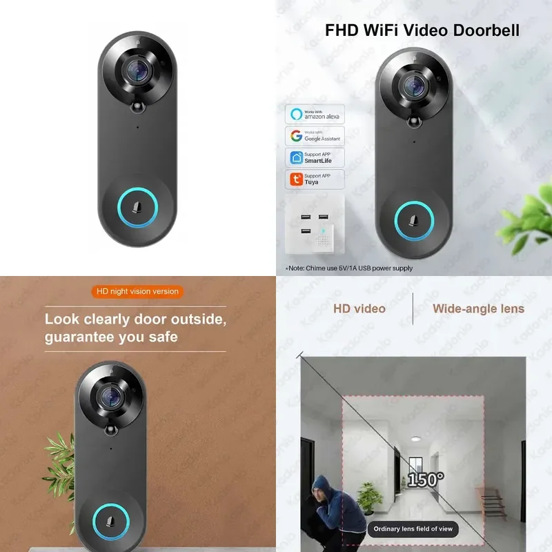 Фото Видеодомофон Kadonio 1080P с Wi-Fi, датчиком движения PIR, умной камерой и двусторонней аудиосвязью №1