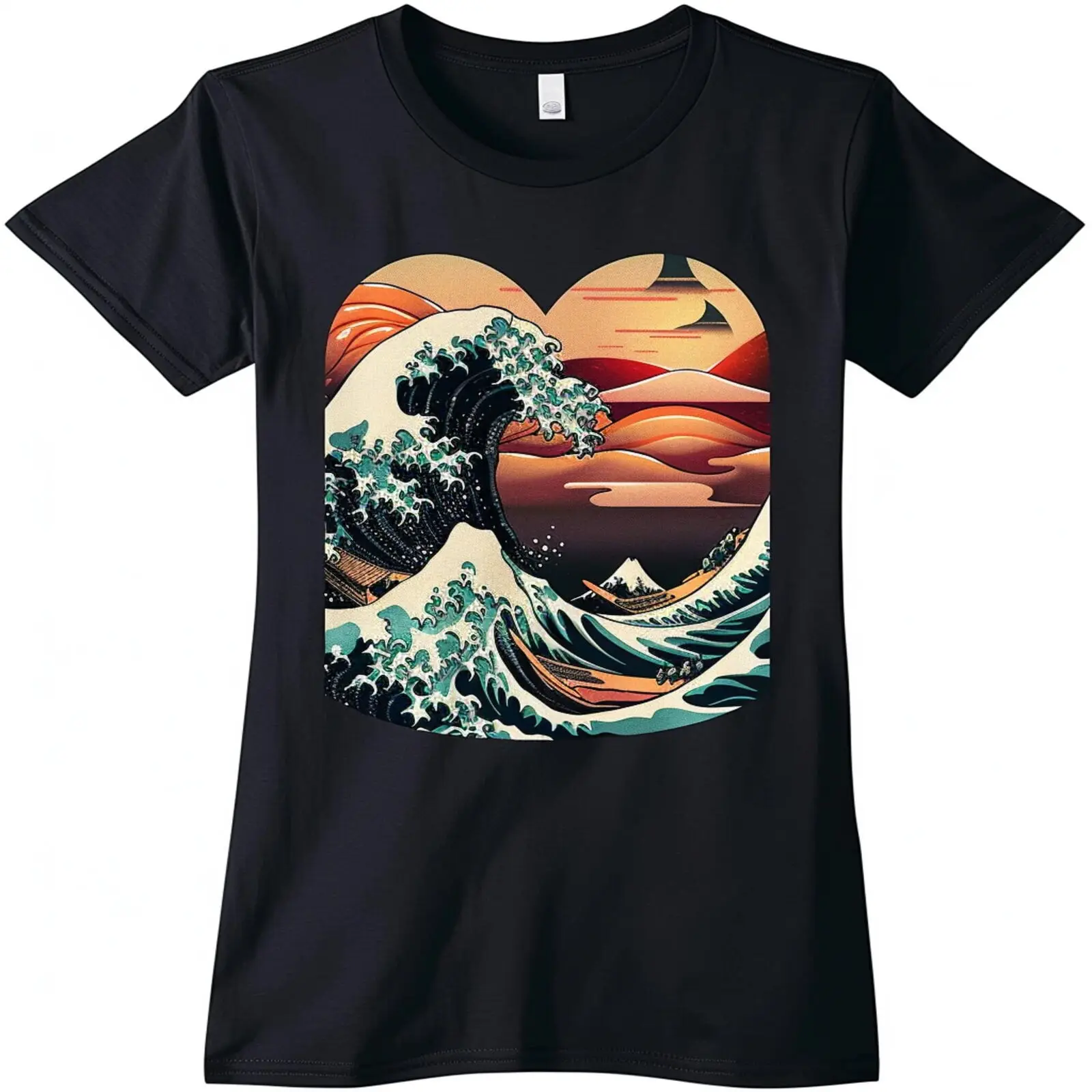 Черная футболка в японском стиле укиё с волнами форме сердца дизайнерская