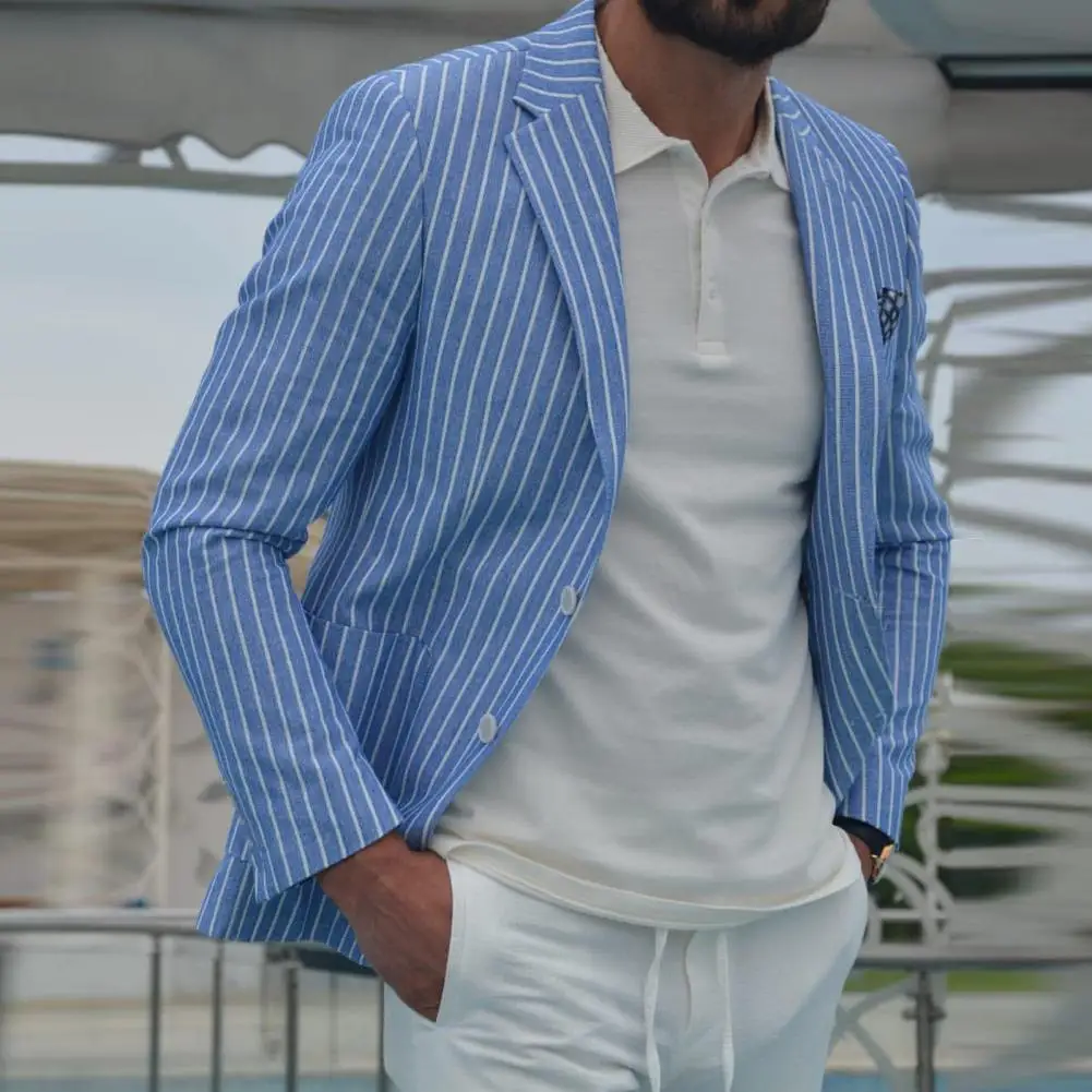 

Slim Fit Suit Coat Striped Lapel Business Blazers for Men Breathable Thin Formal Suit Coats with Pockets Button Placket Slim Fit