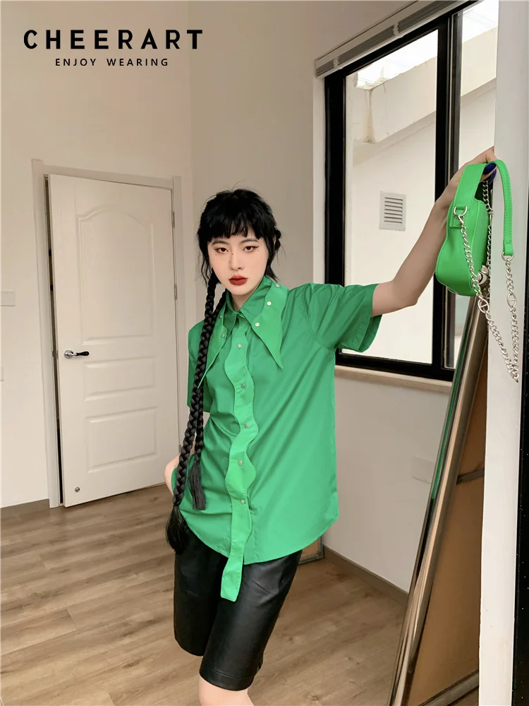 

CHEERART Green Designer Button Up Short Sleeve Shirt For Women Summer 2022 High Fashion Detachable Collar Top And Blouse