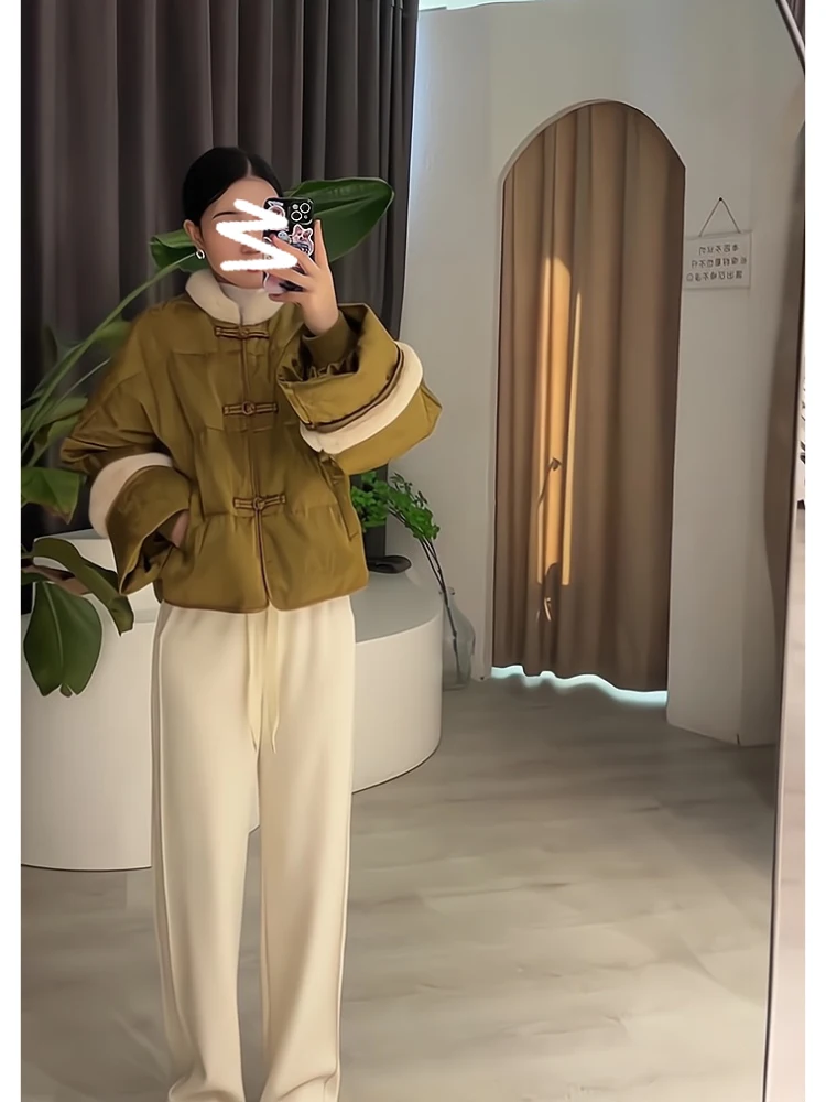 Зеленый меховой воротник в стиле пэчворк с пряжкой Куртка на хлопковой подкладке