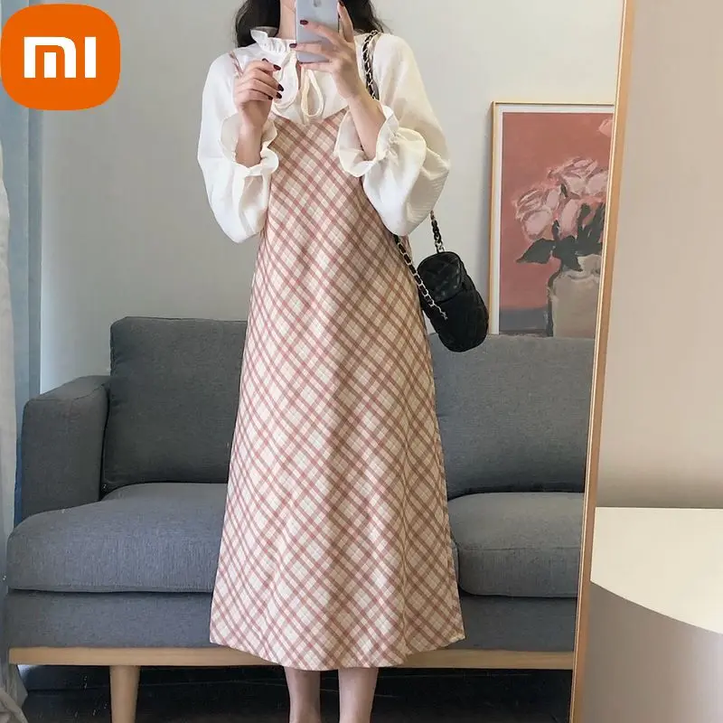 

XIAOMI Summer Elegant Fairy Dress Women High Waist Korean Princess Sweet Strap Casual Dress Female Blouse Tops Two Piece Set