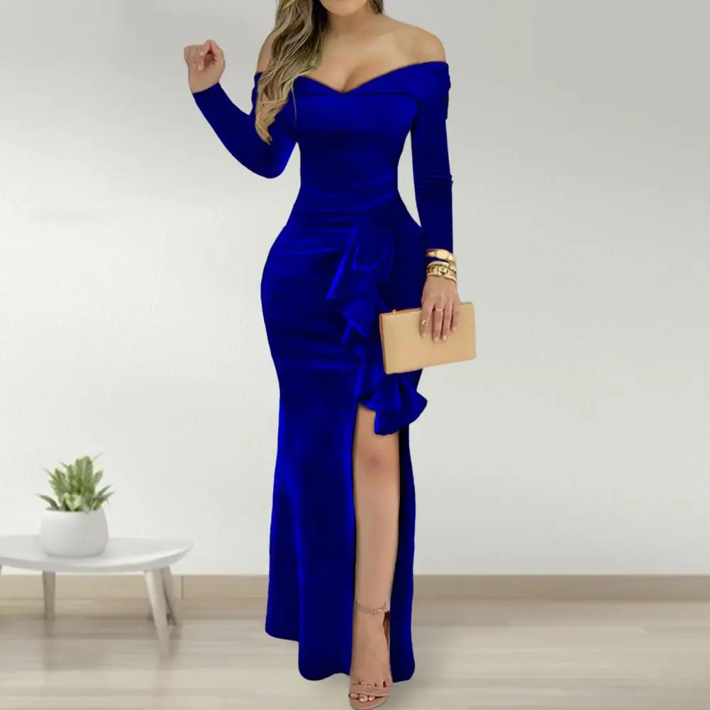 

Gown Dress Ruffle Draped Stitching Autumn Dress Split Hem Velvet Gown Long Dress