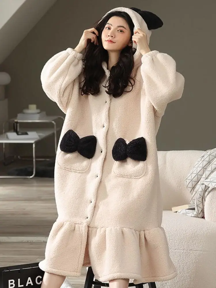 

Cartoon Kawaii Nightgown Women Winter Thickened Warm Flannel Homewear Travelnet Nightwear Kawaii Sleepwear Szlafrok Damski