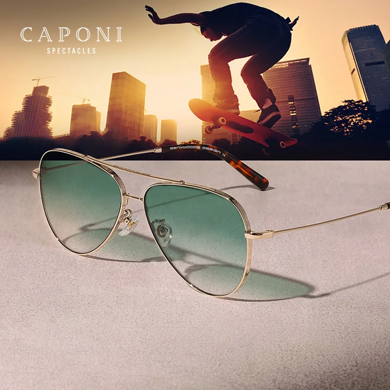 CAPONI Gradient Gray Men's Sunglasses Outdoor Fashion Travel Alloy Original Brand Sun Glasses For Male UV400 Protection CP7538