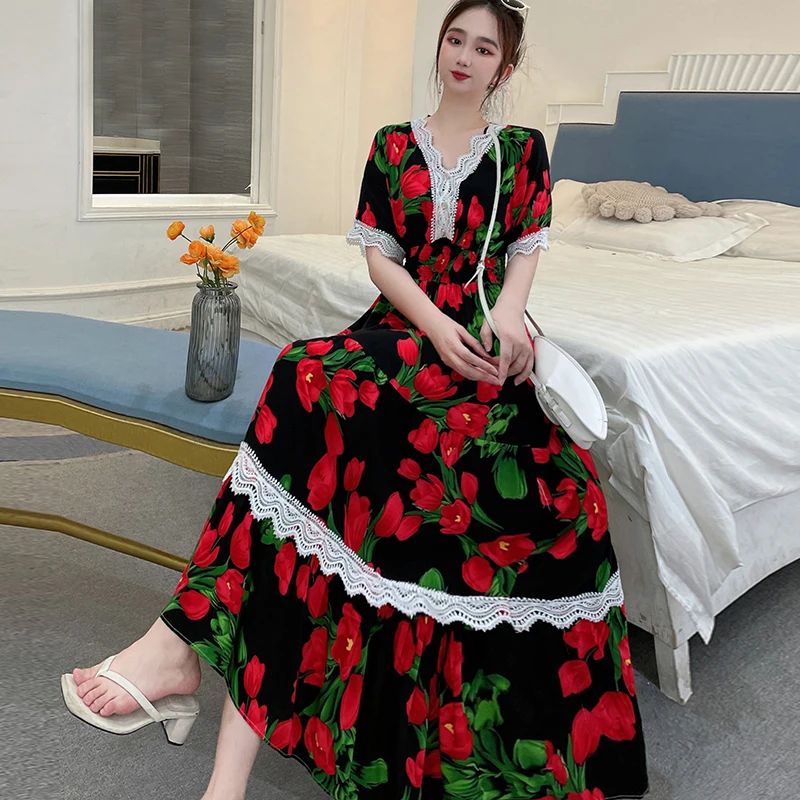 Фото Vestidos Robe, летнее сексуальное платье, женское повседневное платье больших размеров, длинное макси в корейском стиле, пляжное хлопковое кружево с цветочным принтом, богемная индийская одежда №5