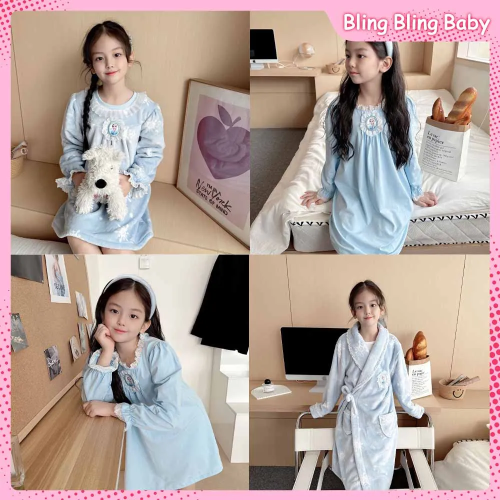 

Elsa Girls' Flannel Blue Autumn Winter Long Sleeved One-Piece Nightdress Bathrobe Soft Fashion Warm Home Plush Leisure Pajamas