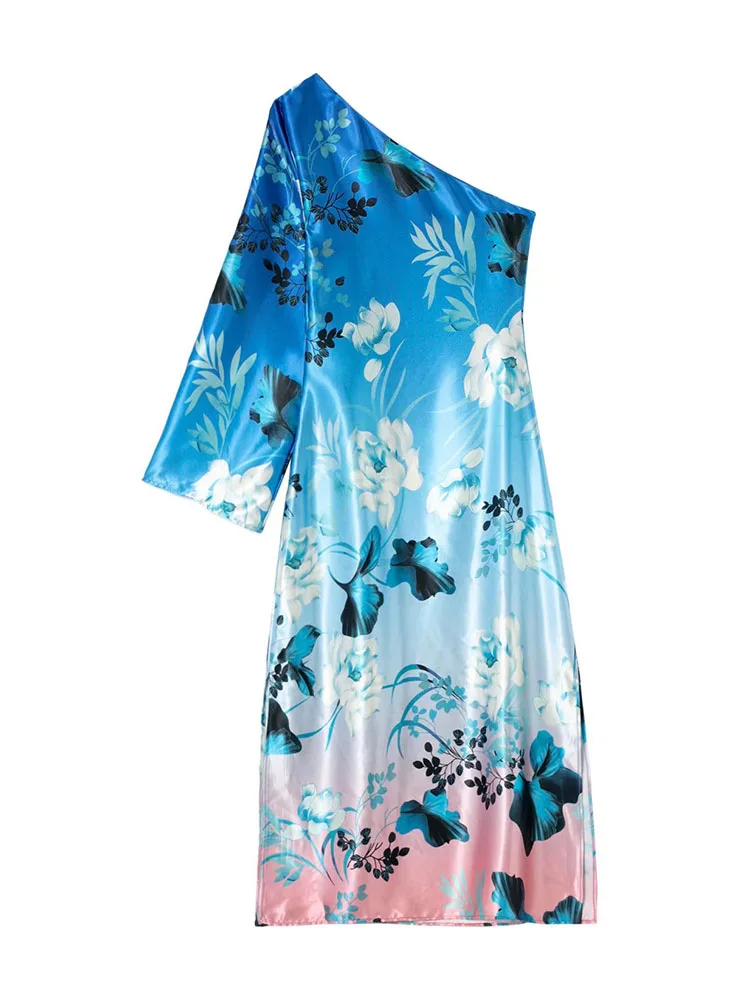 

XEASY Women Fashion Print Asymmetric Dress 2022 Summer New One Shoulder Sexy Backless Ladies Chic Elegant Party Dress