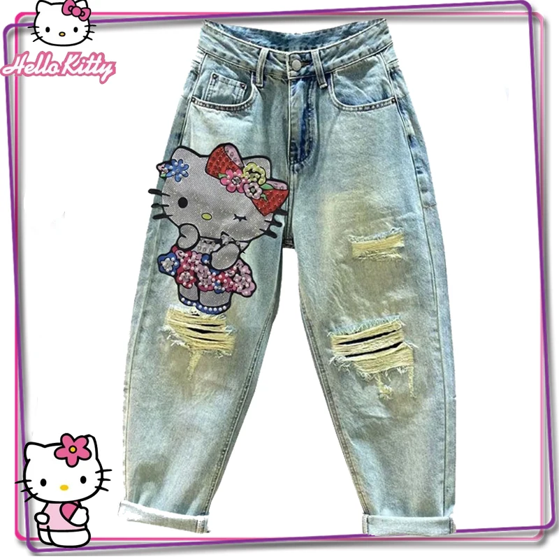 

Sanrio Hello Kitty Cartoon Jeans Y2K Women's Torn Denim Pants Kawaii Girl Street Fashion Trend Jeans Clothing Gift