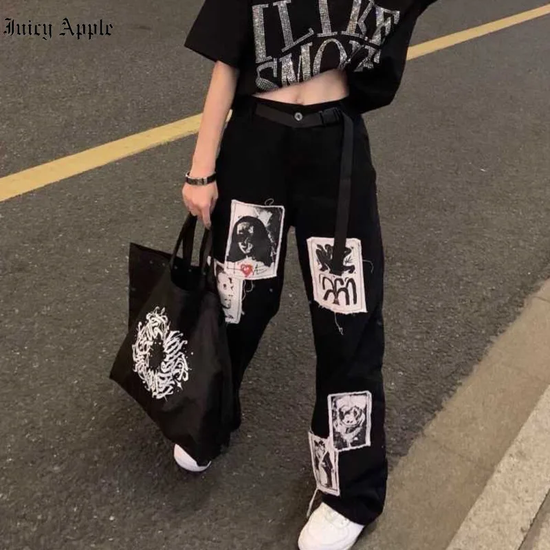 

Juicy Apple women's street Baggy Jeans Harajuku Embroidery Denim Pants Hip Hop Retro Casual Loose Straight-leg Trousers Unisex