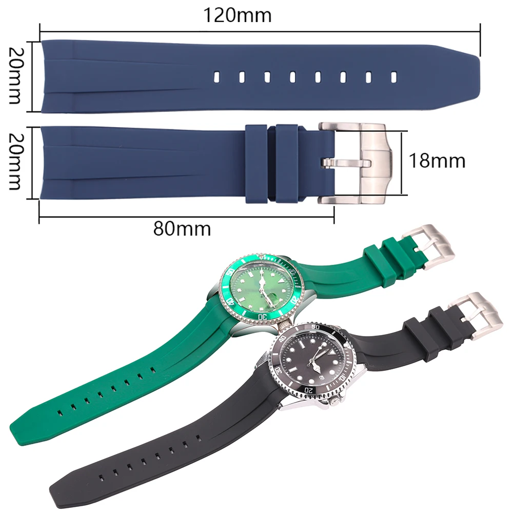 Rubber Watch Strap 20mm Curved End Soft Silicone Watchband Black Green Blue Diving Bracelet Wrist Band