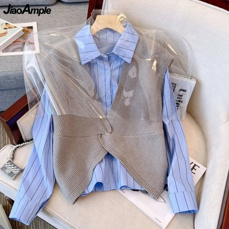 

Женская рубашка в синюю полоску, повседневный трикотажный серый жилет, Женская корейская мода, Свободная блузка, женские топы на весну и осень, 2023