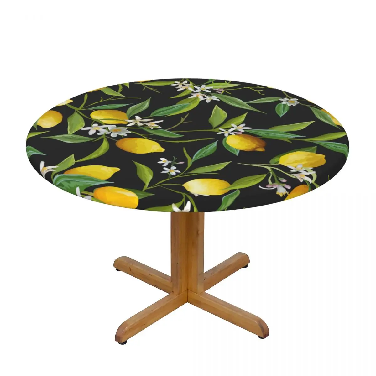 

Round Table Cover for Dining Table Elastic Tablecloth Lemon Fruits Floral And Leaf Fitted House Hotel Decoration