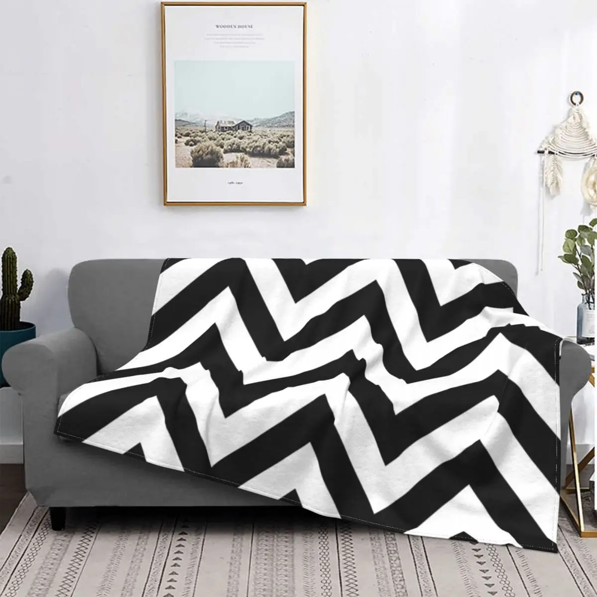 

Manta térmica con patrón Zigzags para niños, a cuadros colcha para cama, sofá de lino, color blanco y negro
