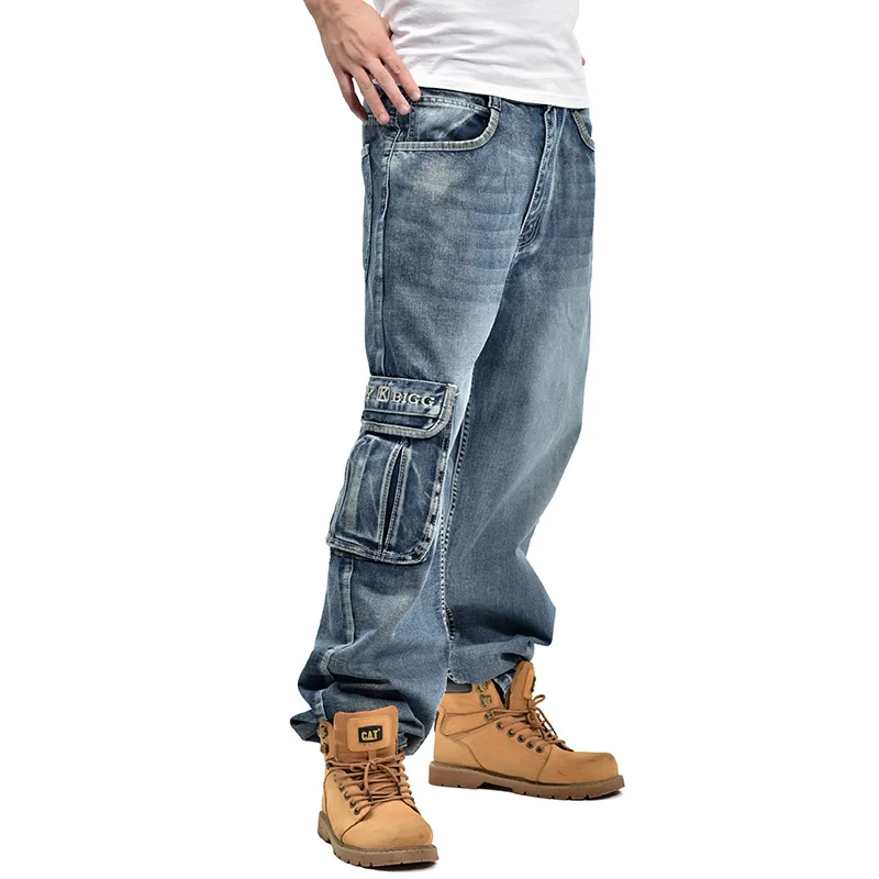 2022 New Japan Fashion Mens Straight Denim Cargo Pants Biker Men Baggy Jeans Loose Blue Jeans with Side Pockets Jeans Men