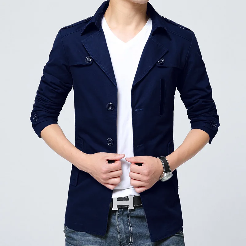 

Blue Jacket Pure Overcoat Long Windbreaker Trench Down Men Casual New Turn Coat Collar Coat Autumn Zoeva Wash Cotton Slim