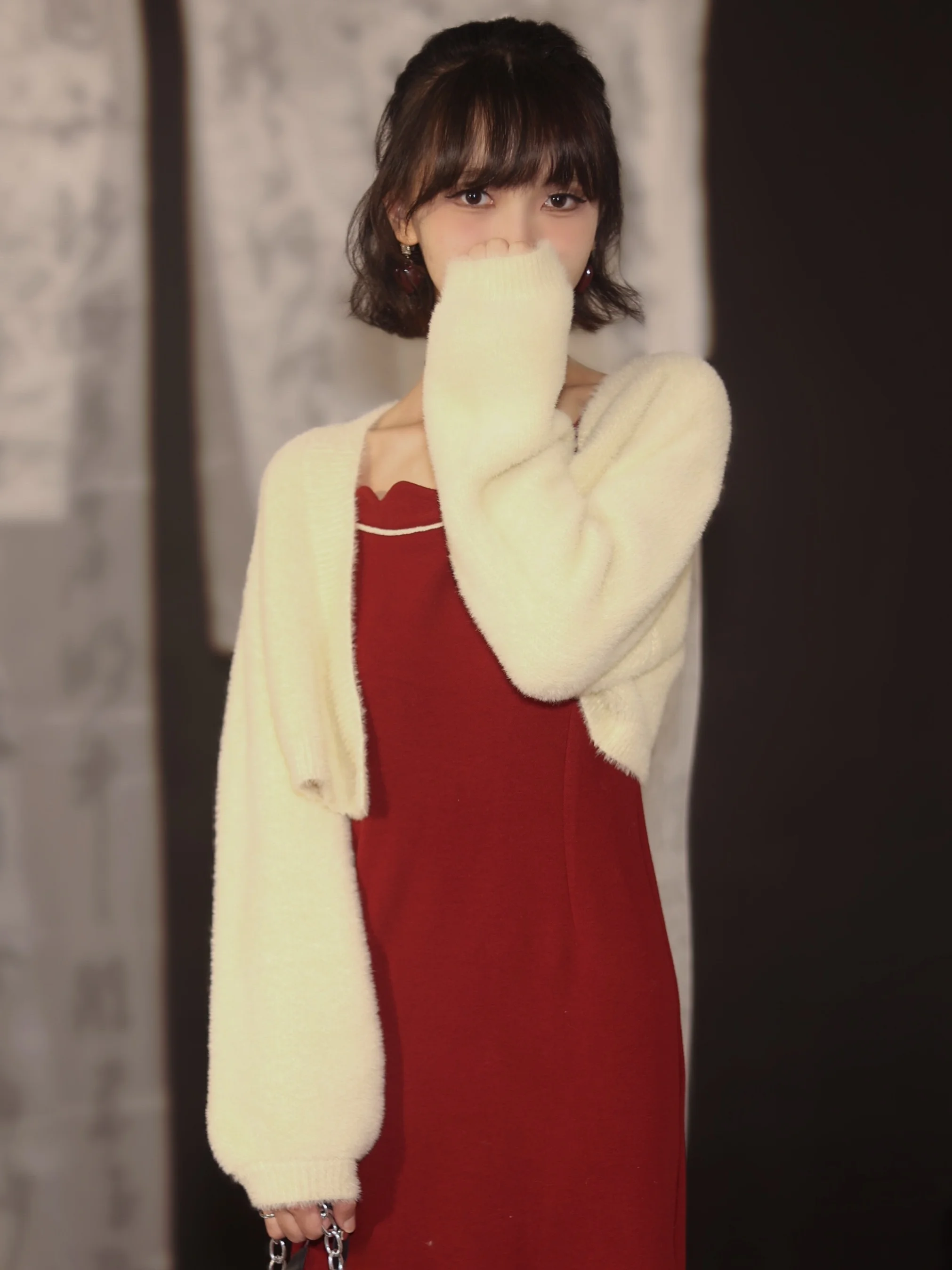 Meoji изящный пушистый короткий белый флисовый вязаный кардиган маленький