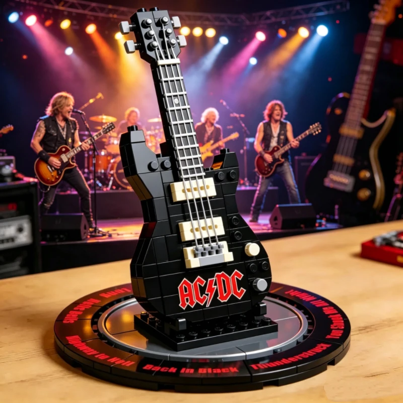 Фото Набор для сборки гитары в стиле AC/DC своими руками, модель из строительных блоков, украшение для дома для любителей рока, декоративный элемент. №4