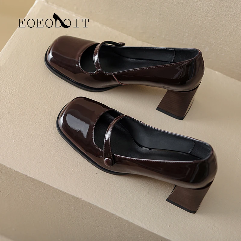 EOEODOIT New Leather Heels Shoes Women Fashion Retro Square Toe Slip On Loafers Office OL Party Pumps | Обувь