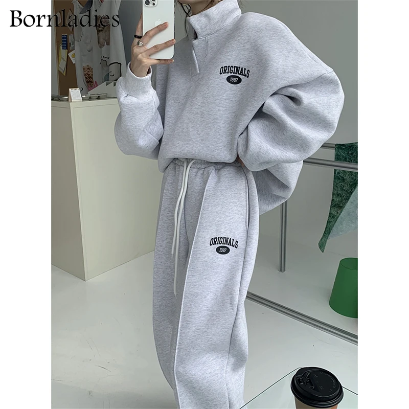 

Bornladies 2022 Women Cotton Sweatshirt Suit Oversized Sets Female Stand Collar Loose Sweatshirt Long Pants Suits Short Sets