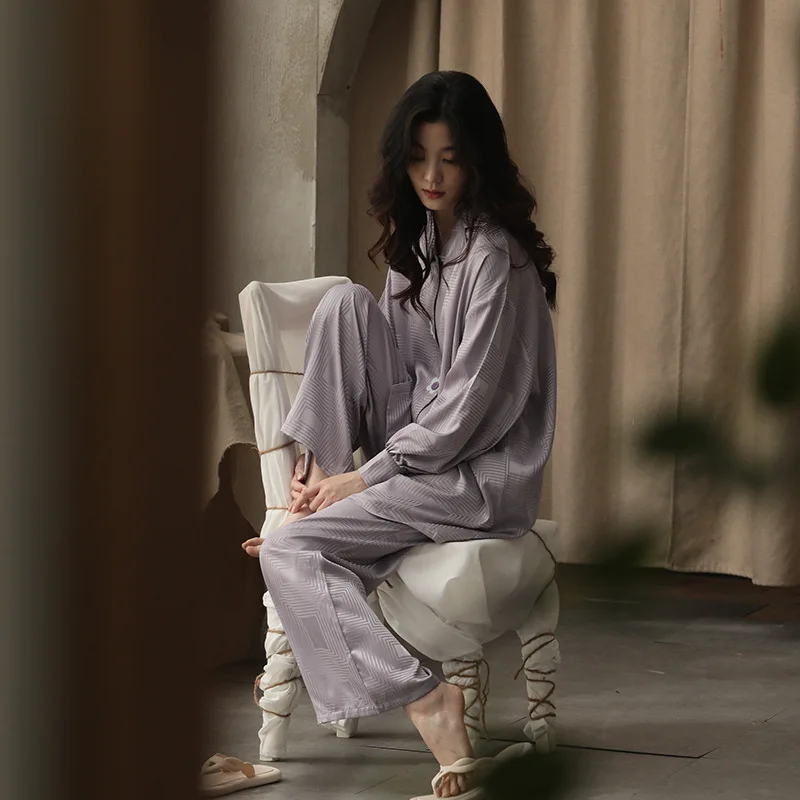 Purple Color Women's Sleepwear Spring Autumn Pyjamas Set Satin Silk Jacquard Satin Pajamas Set Two Pieces Long Sleeve Night Wear