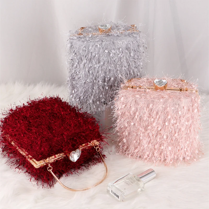 

Bucket Shape Pink Feathers Womens Party Hand Bags Winter Champagne Colour Ladies Wedding Night Clutch Purse Feather Handbag