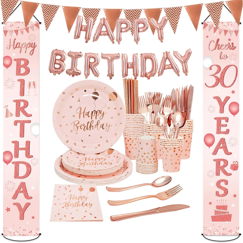 

Rose Gold Party Decor Disposable Tableware Set Banner Adult Birthday Wedding Bachelorette Party Decor Bridal Shower Supplies