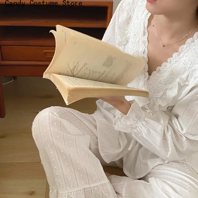 Sweet Palace White Sets Style Home Clothes Korean Autumn Lace Elegant Solid Color Pajamas Suit Women Cotton