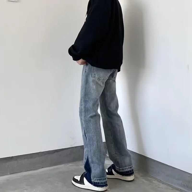 DEEPTOWN Patchwork Jeans Men Classic Hole Cross Straight Denim Pants Hip Hop Casual Loose Trousers Male Washed Fashion Spring