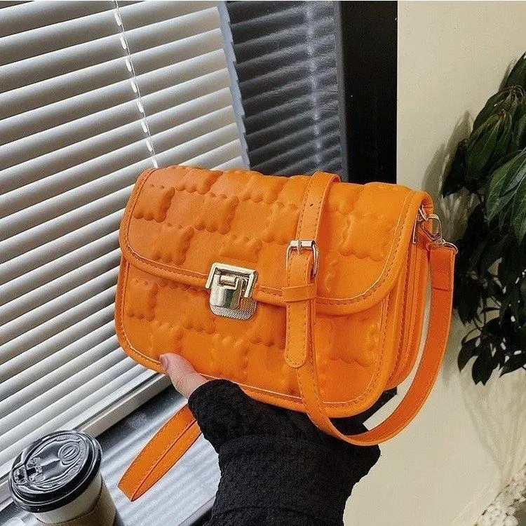 

Women Fashion Orange Small Square Bag Ins Simple Shoulder Underarm Bag Original Biscuit Pattern Messenger Package Party Club
