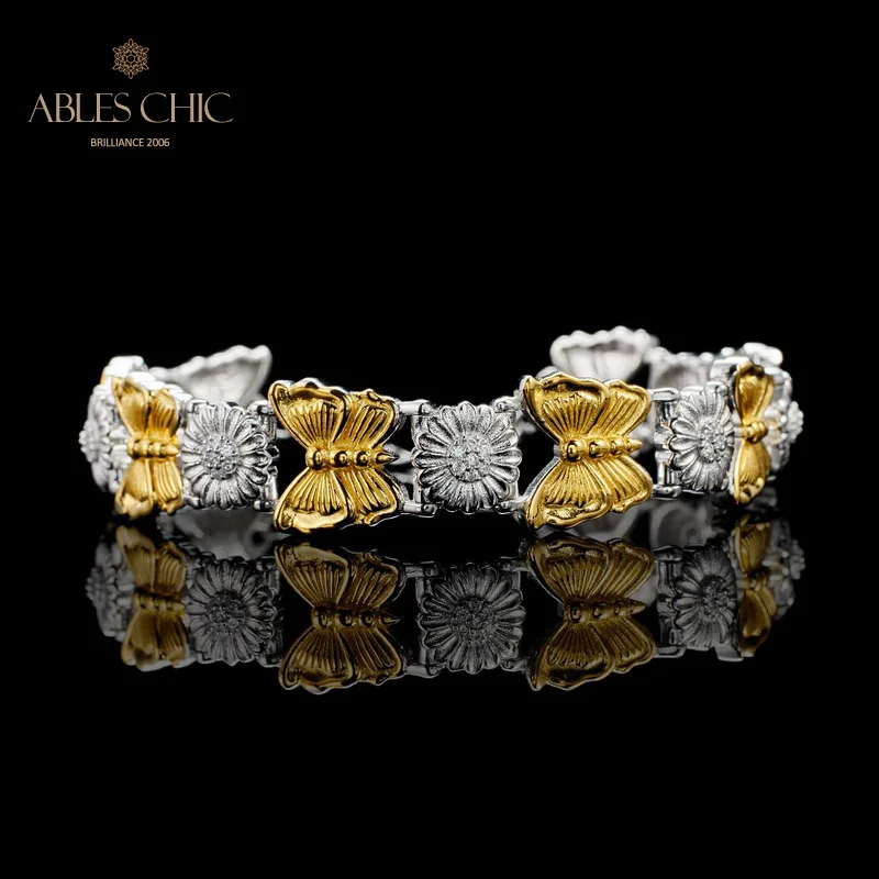 

Renaissance Solid Silver Floral Daisy Tulle Element Brushed 5A CZ 18K Golden Butterfly Refinement Bridal Bracelet C11B2S26054