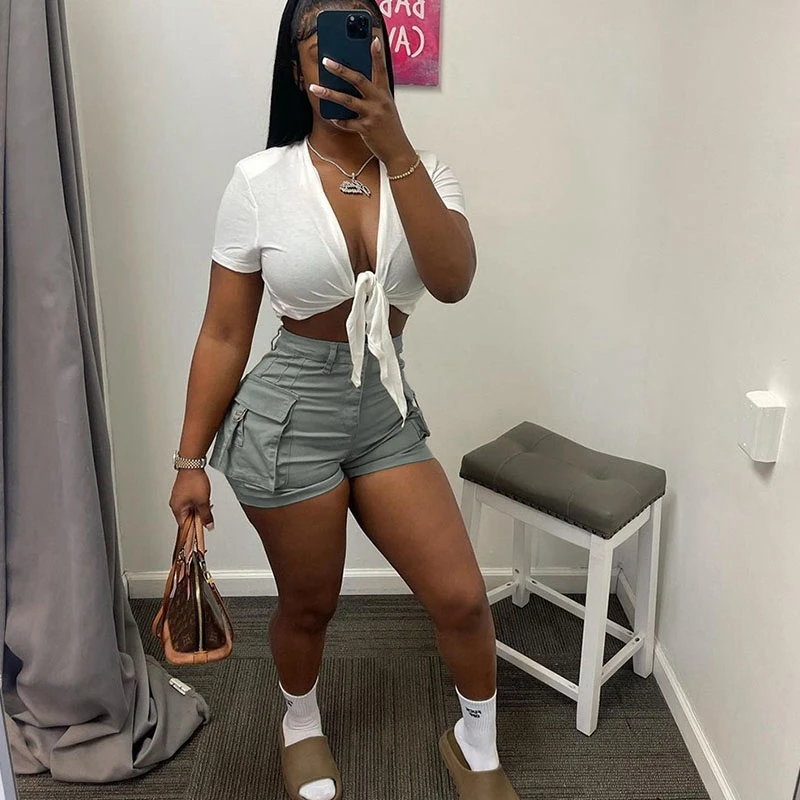 Women Fashion Solid Cargo Shorts Summer Casual High Waist Pocket Skinny Bottoms Sexy Nightclub Party Y2K Streetwear S-XXL