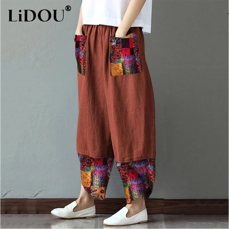 Брюки женские в этническом стиле Свободные повседневные шаровары пэчворк с