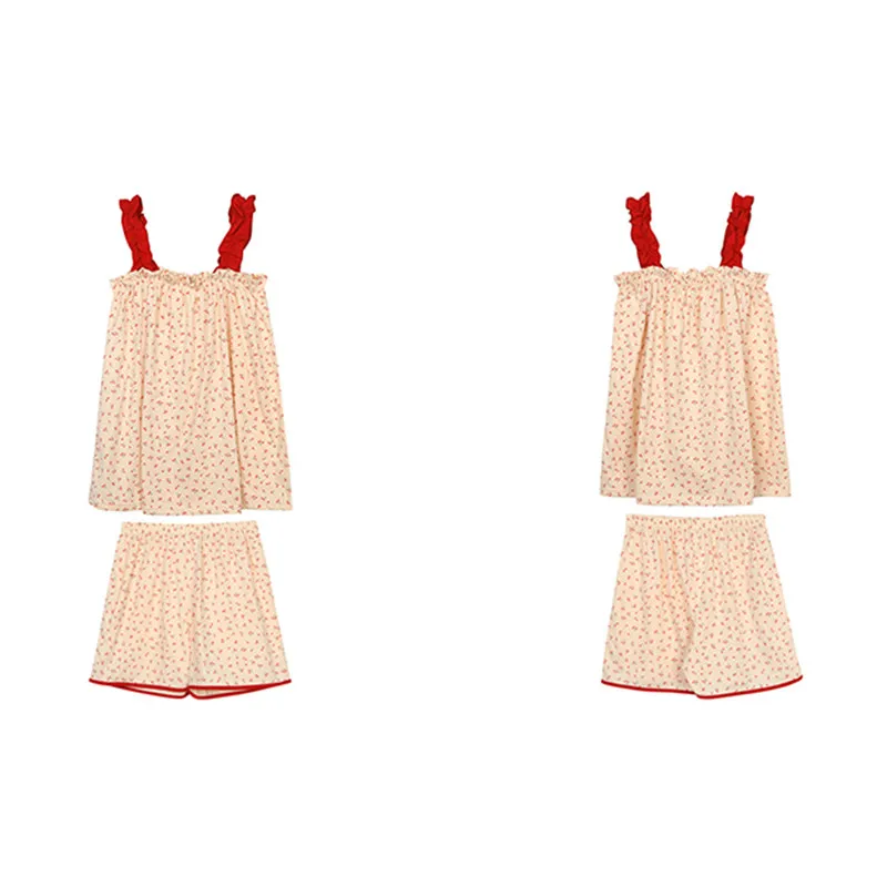 CAIYIER Korean Flower Print Sleepwear Sling Short Top+Shorts Ruffle Nightwear Sweet Girls Simple Ulzzang Pajamas Mujer Homewear