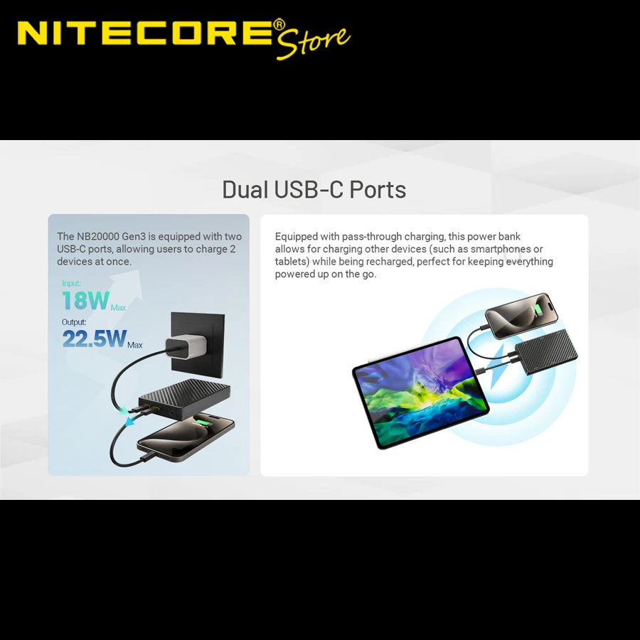 Фото Быстрозарядный внешний аккумулятор NITECORE NB20000 GEN3 из углеродного волокна, сверхлегкий, 20000 мАч, для мобильных телефонов №3