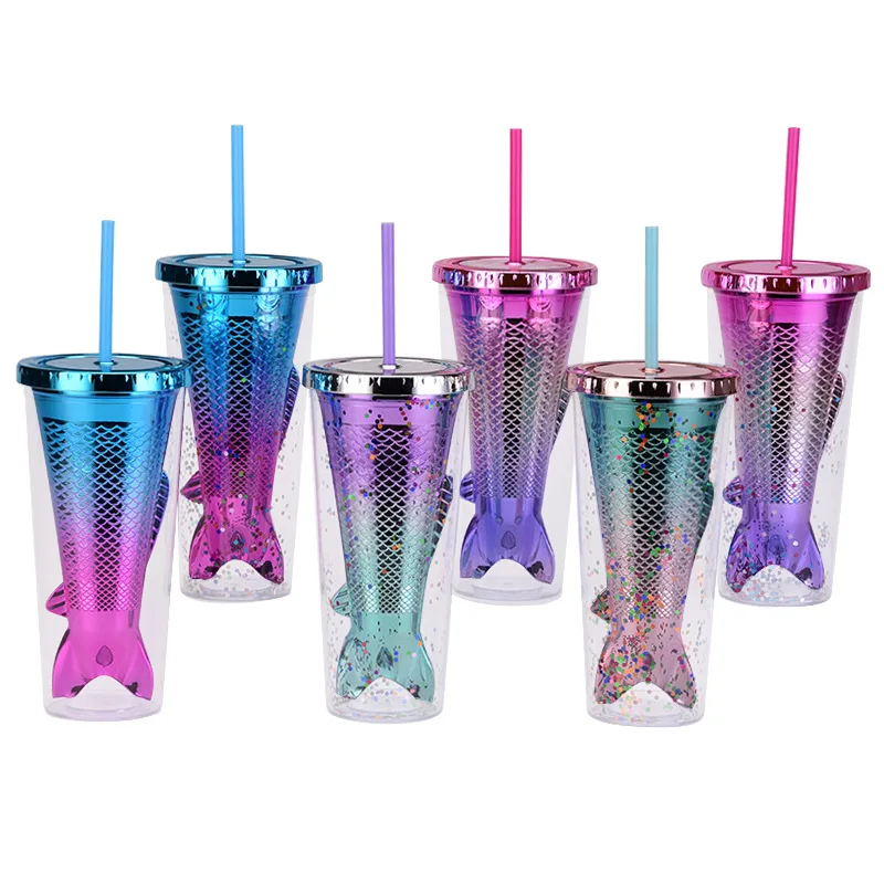 

Gradient Mermaid Straw Cup Double Layer Plastic Office Coffee Cup Home Kitchen Bar Cold and Warm Drinking Set Gift for Friends