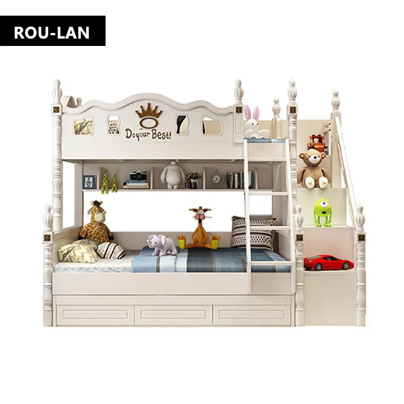 

Bunk Bed Twin Girls Bedroom Furniture Set Solid Wood High and Low Princess Bed Bedroom with Stairs ROU LAN