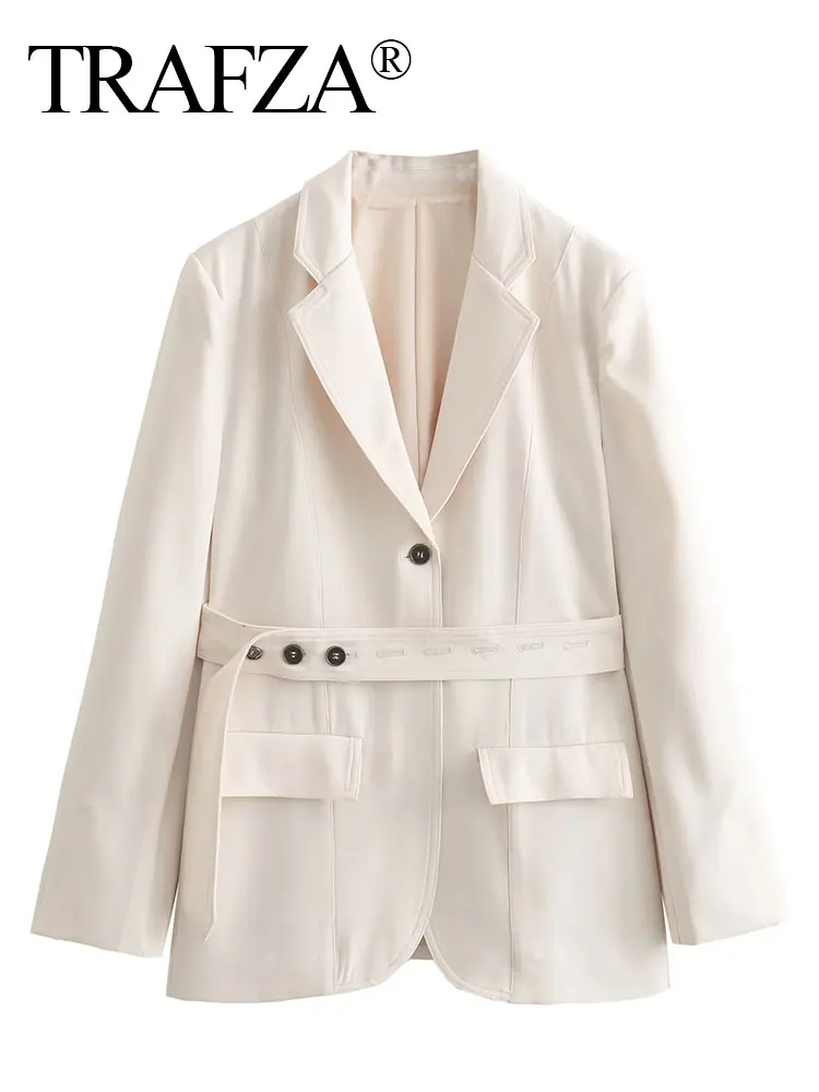 

TRAFZA Autumn Blazers For Women Fashion Long Sleeves Tight Suit Coat Female With Belt Vintage Elegant Buttons Women's Blazer